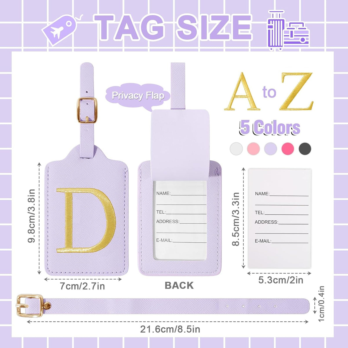 Personalized Initial Luggage Tags for Suitcase, Purple Leather Cute Luggage Tags with Privacy Cover Name Card, Embroidered Custom Monogrammed Luggage Tag Travel Backpack Tags Gifts for Women Kids(D)