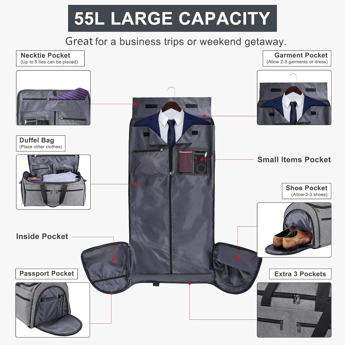 Bukere Carry on Garment Bag for Travel, Convertible Travel Duffel Suit Bag with Backpack Straps, Shoe Compartment, 3 in 1 Weekender Suit Bag for Men Women