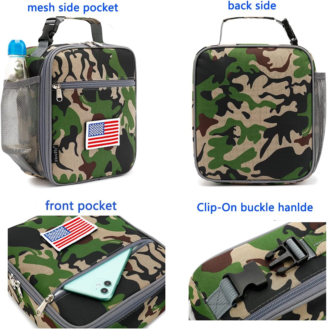 FlowFly Kids Lunch box Insulated Soft Bag Mini Cooler Back to School Thermal Meal Tote Kit for Girls, Boys,Flag