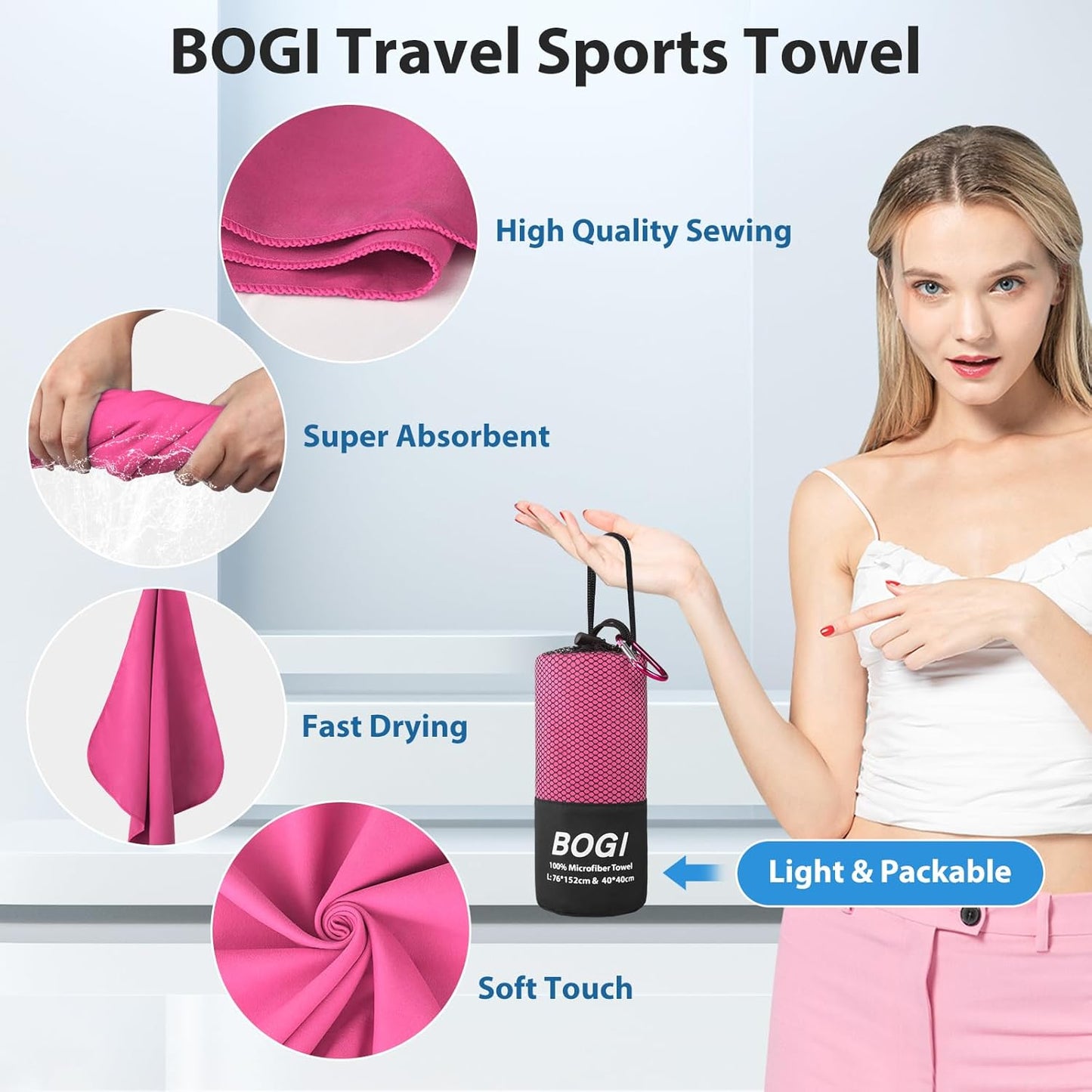 BOGI Microfiber Travel Sports Towel-Quick Dry Towel, Soft Lightweight Microfiber Camping Towel Absorbent Compact Travel Towel for Camping Gym Beach Yoga Swimming Backpacking (S:16''x32'',2Pcs-Hpink)