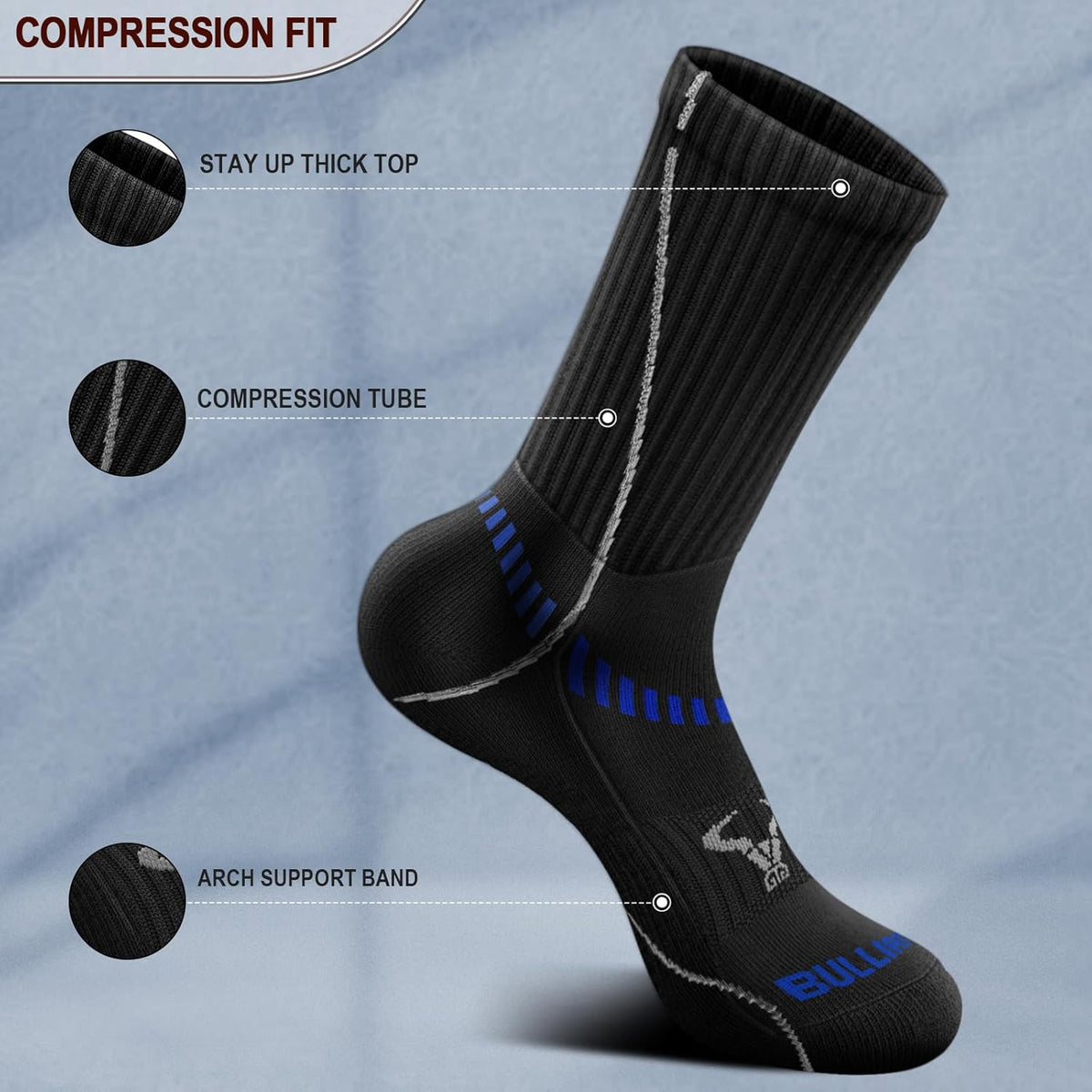 BULLIANT Compression Socks for Men 6Pairs, Athletic Crew Socks Cushioned For Men Sports Running-Arch Support