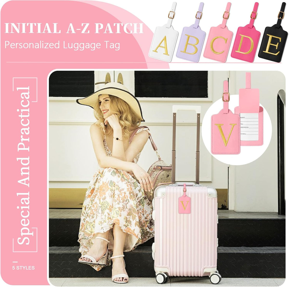 Personalized Initial Luggage Tags for Suitcase, Pink Leather Cute Luggage Tags with Privacy Cover Name Card, Embroidered Custom Monogrammed Luggage Tag Travel Bag Baggage Tags Gifts for Women Kids(V)