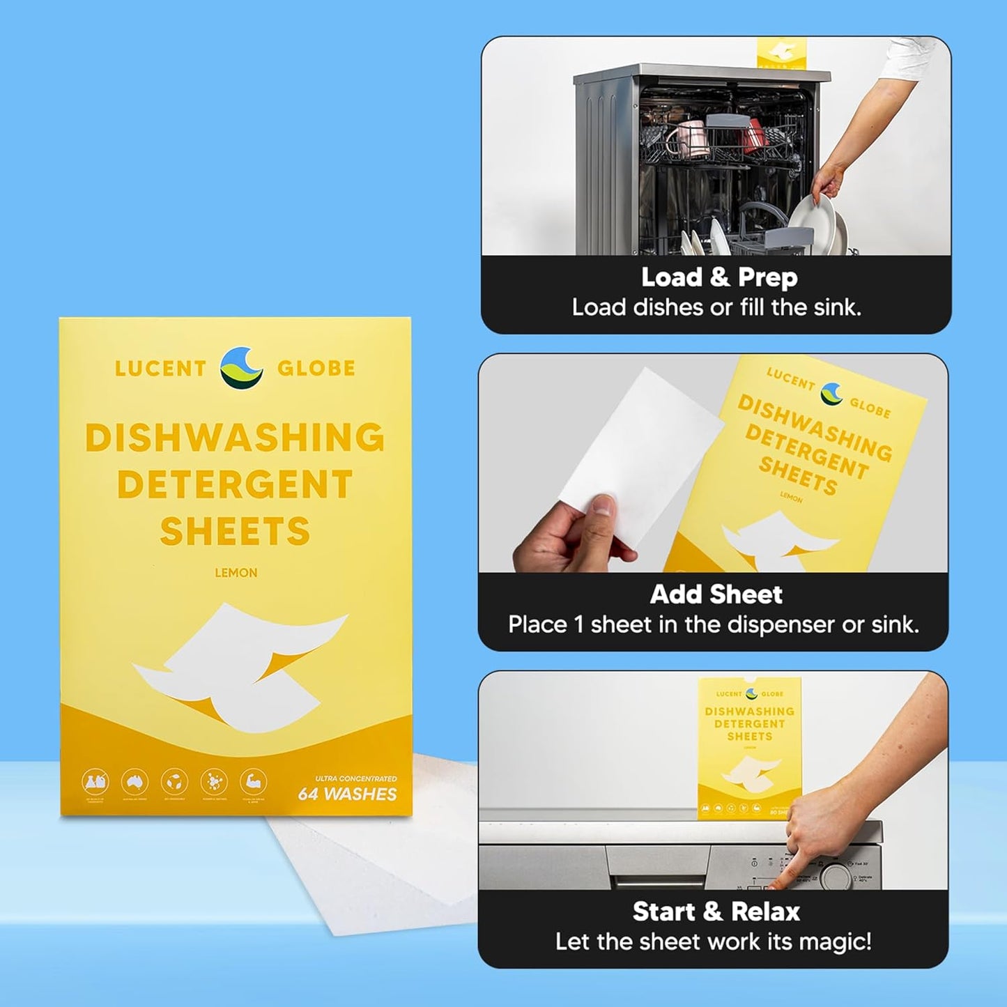Dishwasher Dishwashing Detergent Sheets, Dish Soap & Dishwashing Tablets Alternative. Plant-Based, Eco-Friendly, Fully Biodegradable, Lemon Scent & Plastic Free Packaging (64 Sheets)