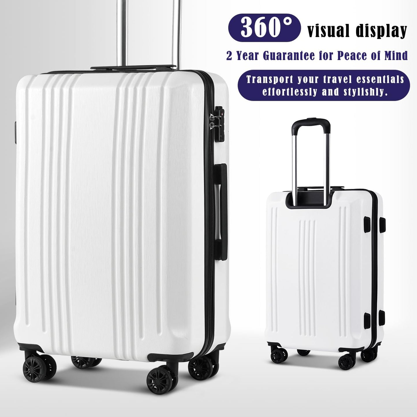 Coolife Luggage Suitcase PC+ABS with TSA Lock Spinner Carry on Hardshell Lightweight 20in 24in 28in(white, M(24IN))