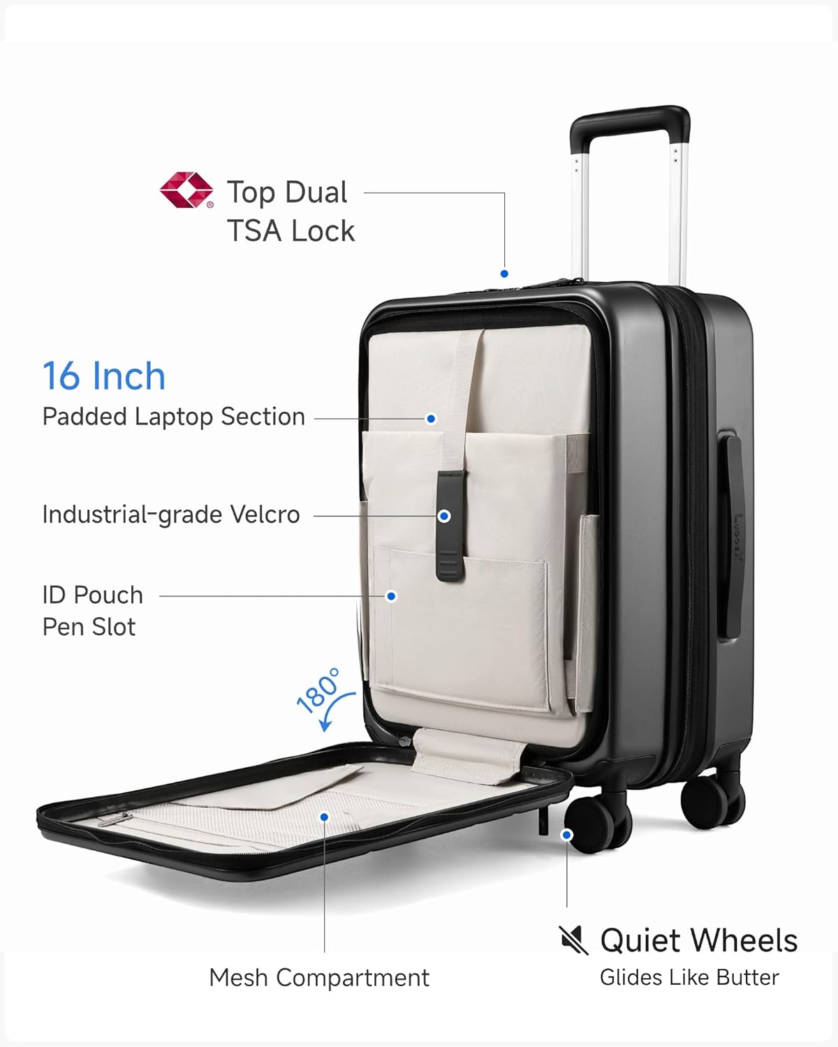 LUGGEX Carry On Luggage 22x14x9 Airline Approved, FLO5 Expandable Polycarbonate Suitcase with Front Pocket (FX-Core, Black, 20 Inch)