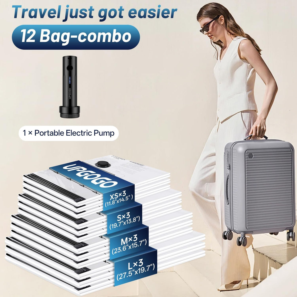 Combo 12 Pack Travel Vacuum Bags for Luggage with Portable Electric Pump,Vacuum Seal Bags for Clothing,Packing Cubes Compression,Cruise Ship and Travel Essentials