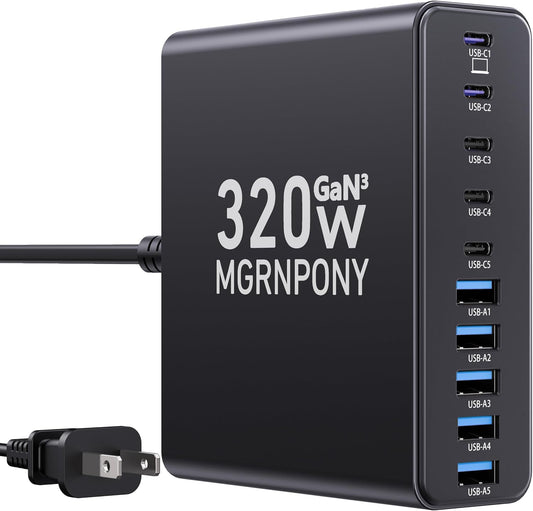 320W USB C Charger Block, 10-Port USB C Charging Station GaN III PD 65W PC Laptop Fast Charger Adapter for MacBook Pro/Air, DELL, iPad, iPhone, Samsung Galaxy Black