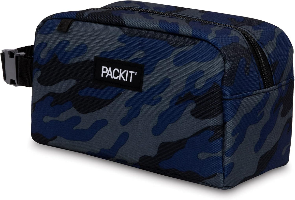 PackIt Freezable Snack Box, Sporty Camo Charcoal Navy, Built with ECOFREEZE Technology, Collapsible, Reusable, Zip Closure with Buckle Handle, Great for All Ages and Fresh Snacks on the go