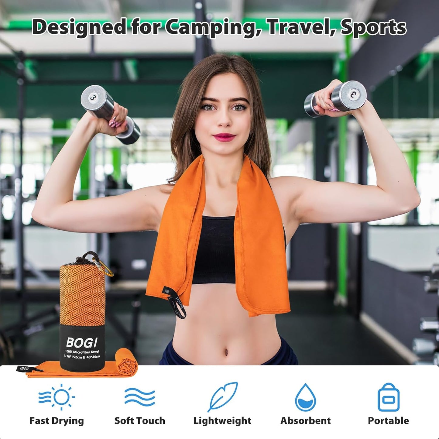 BOGI Microfiber Travel Sports Towel-Quick Dry Towel, Soft Lightweight Microfiber Camping Towel Absorbent Compact Travel Towel for Camping Gym Beach Yoga Swimming Backpacking (S:16''x32'',2Pcs-Orange)