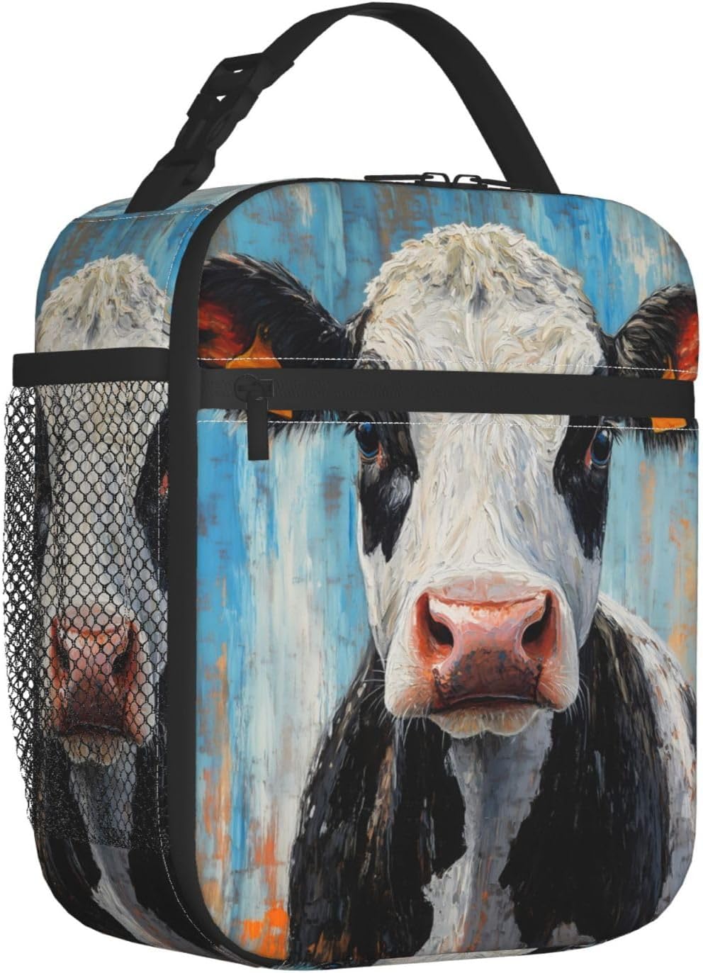 Cow Lunch Box for Kids Aldults, Realistic Animal Reusable Thermal Insulation Cooler Tote Bags, Black White Calf Pattern Insulated Bag for Student, School Picnic Camping Travel, Gifts