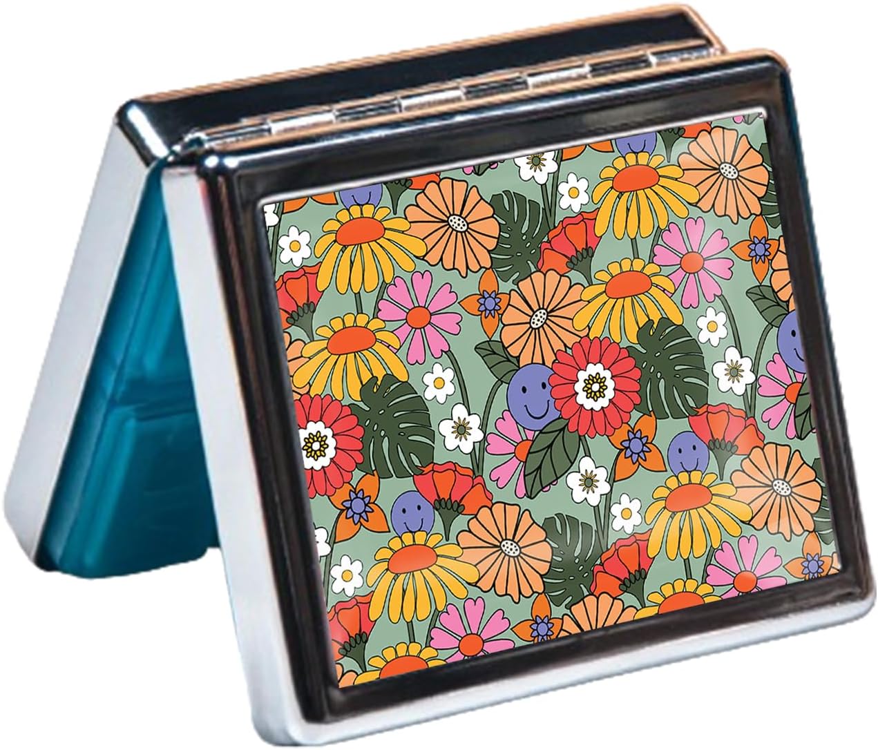 Silver Vintage Pill Box 7 Day Metal Pill Box with Mirror and 8 Compartments Cute Travel Pill Organizer for Purse (Retro Summer Floral)