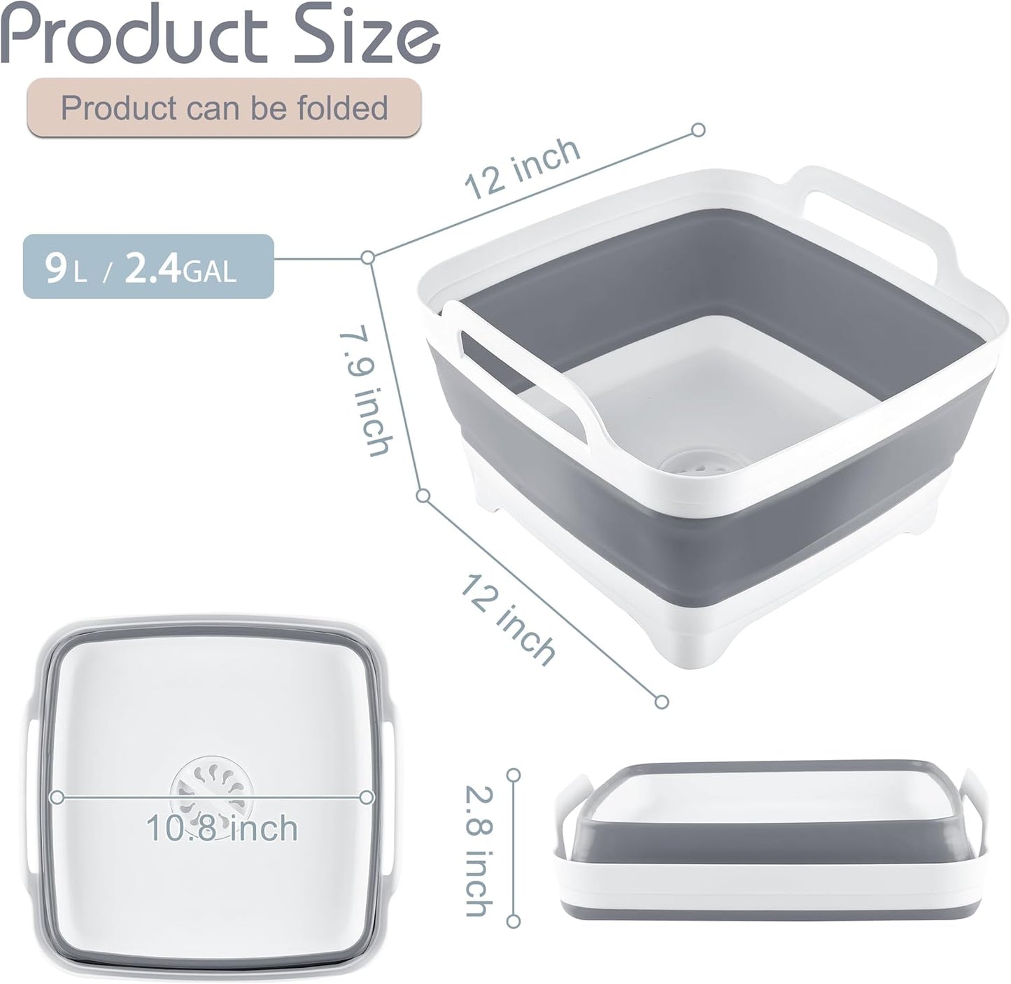 2.4 Gal(9L) Collapsible Dish Basin with Drain Plug - Multiuse Foldable Wash Basin for Baby Bottles, Space-Saving Multiuse Dish Tub, Kitchen Sink for Camping, Dishes Washing, RV (Gray)
