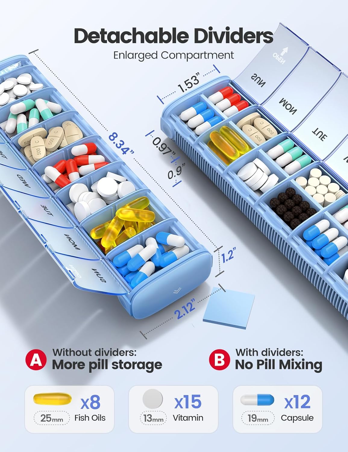 Vaydeer 7 Day Weekly Pill Organizer (Support 2 Times a Day), Metal Travel Pill Case, Large Capacity Daily Cute Pill Box for Supplements, Pills, Vitamins and Medication (Gray)