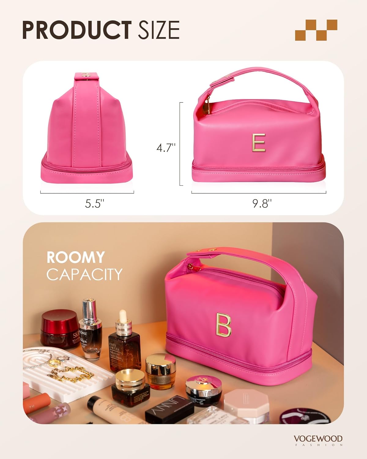 Gifts for Teen Girls 16-18, Personalized Makeup Bag with Handle, Initial Double Layer Cosmetic Bag with Makeup Brush Organizer, Cute Cosmetic Pouch for Women, Gifts for Friends Female Mom