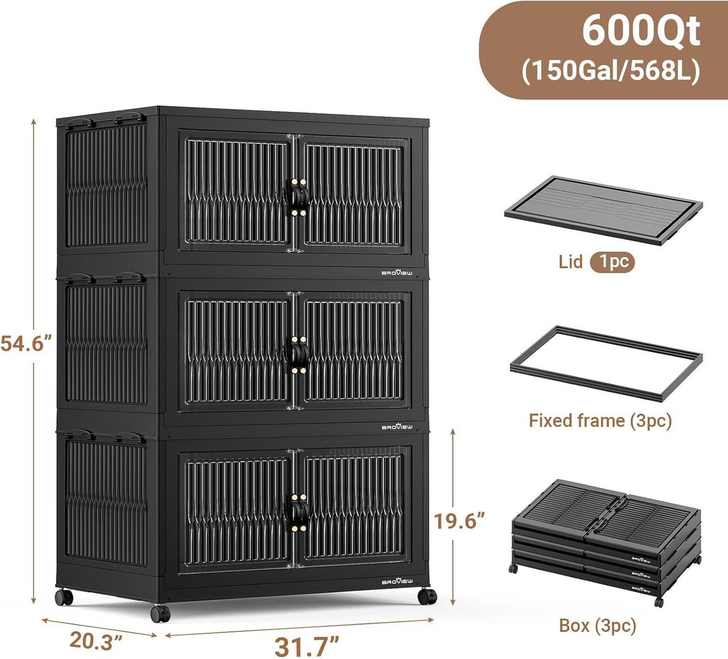 BROVIEW 600Qt Extra Large Stackable Storage Bins with Lid, Closet Organizer Collapsible Drawer Boxes with Wheels, Folding Plastic Cabinet Containers for Home Kitchen Room Organization, 3Pack Black