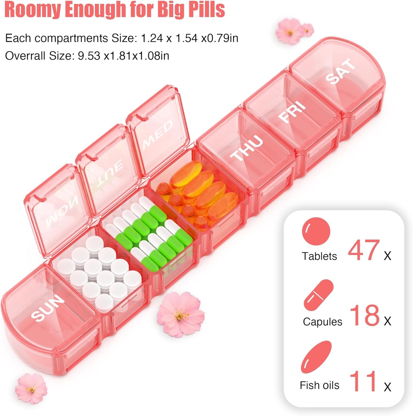 Extra Large Pill Organizer 2 Pack, XL Pill Box 7 Day, Weekly Pill Case with Large Capacity, Jumbo Organizer, BPA Free (Pink+White)