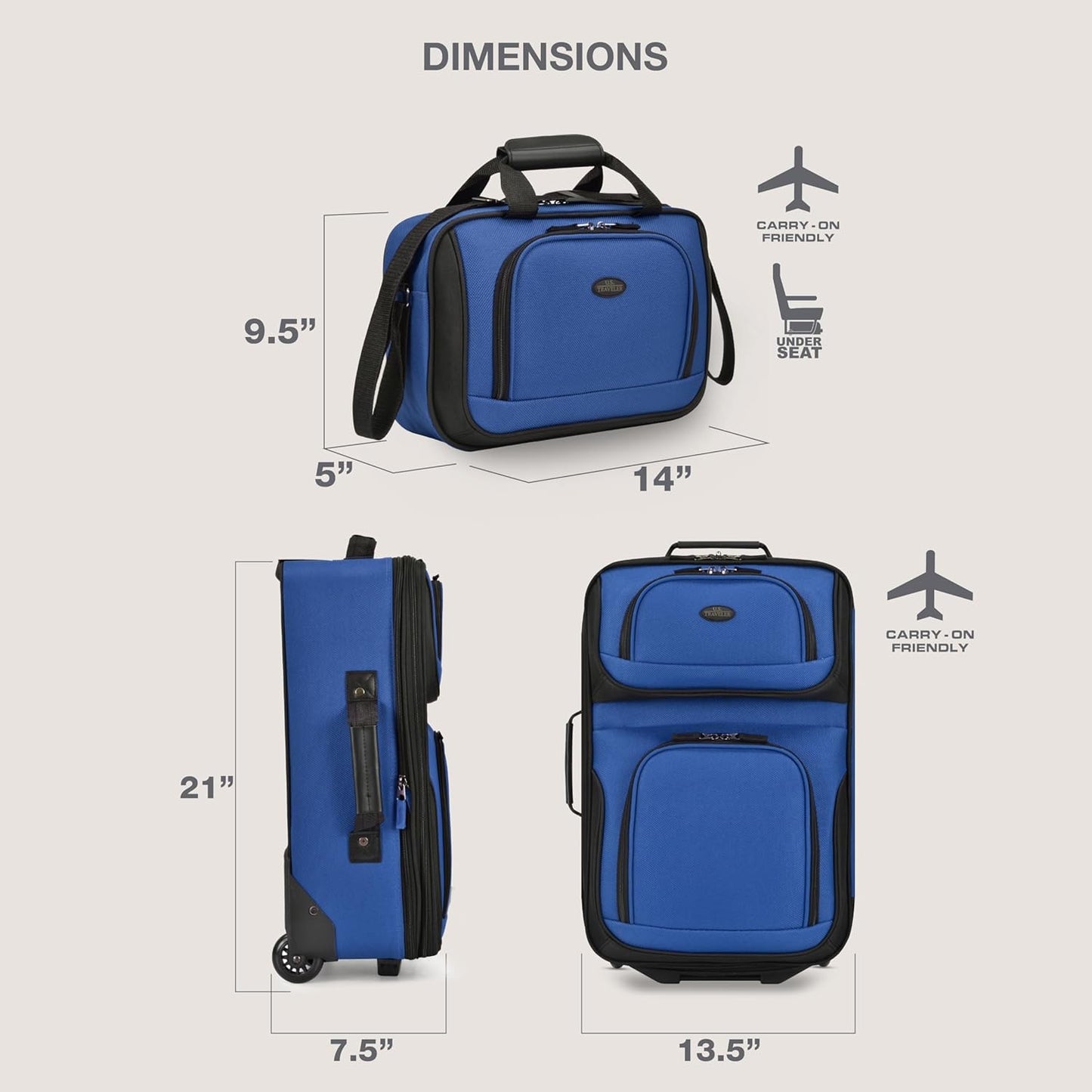 U.S. Traveler Rio Softside Expandable Carry-on Rolling Luggage, Royal Blue, 2 Wheel Set