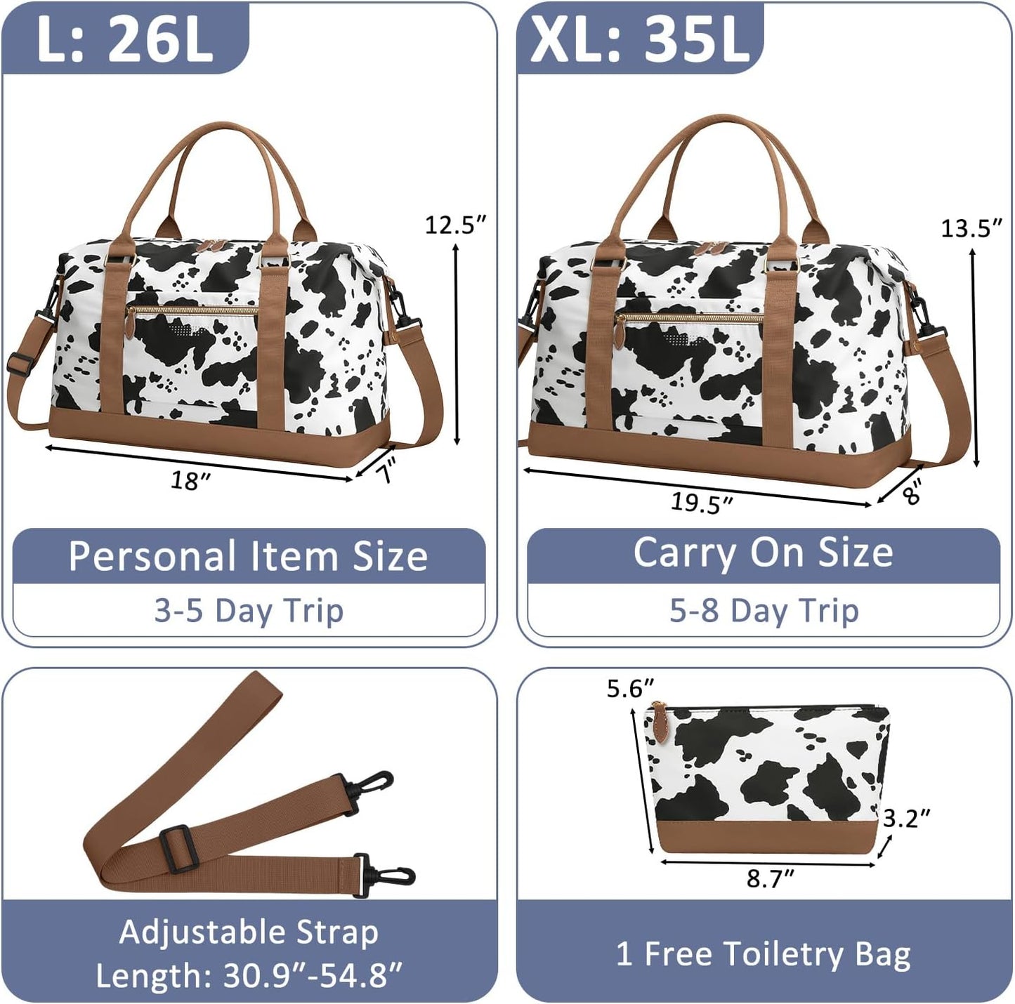 Travel Duffle Bag for Women, Weekender Bags, Hospital Bag for Labor Delivery, Lightweight Tote Duffel Overnight Bag with Luggage Sleeve, Airplane Travel Bags with Toiletry Bag, Large, Cow