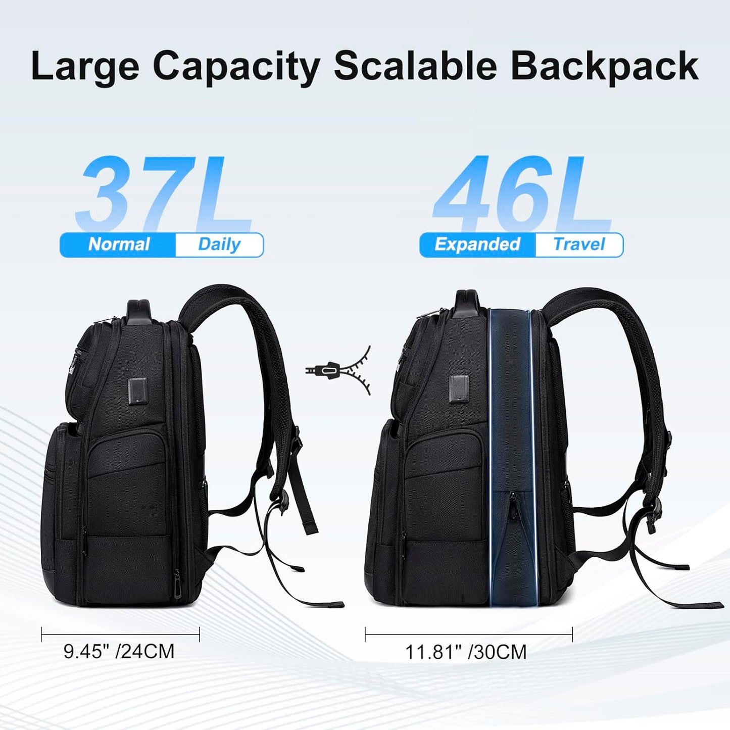 FENRUIEN Business Travel Backpack for Men,Large Capacity Laptop Backpack with USB Charging Port,Multifunctional Water Resistant Expandable Black Bag Fits 15.6 Inch computer