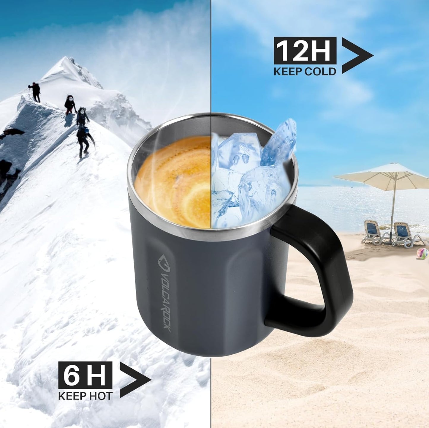 Stainless Steel Coffee Mug Cup with Handle, 16 oz Double Wall Vacuum Insulated Travel Mug Tumbler With Slider Lid, Insulated Camping Tea Flask for Hot & Cold Drinks (Grey)