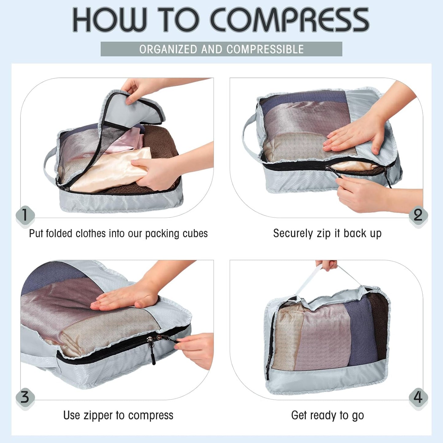 5 Pcs Packing Cubes for Suitcase Large Travel Cubes Carry on Luggage Organizer Bags for Clothes Accessories(S,Gray)