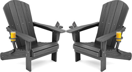SERWALL Foldable Adirondack Chair Set of 2, HDPE Adirondack Chair with Wood-Texture-Gray