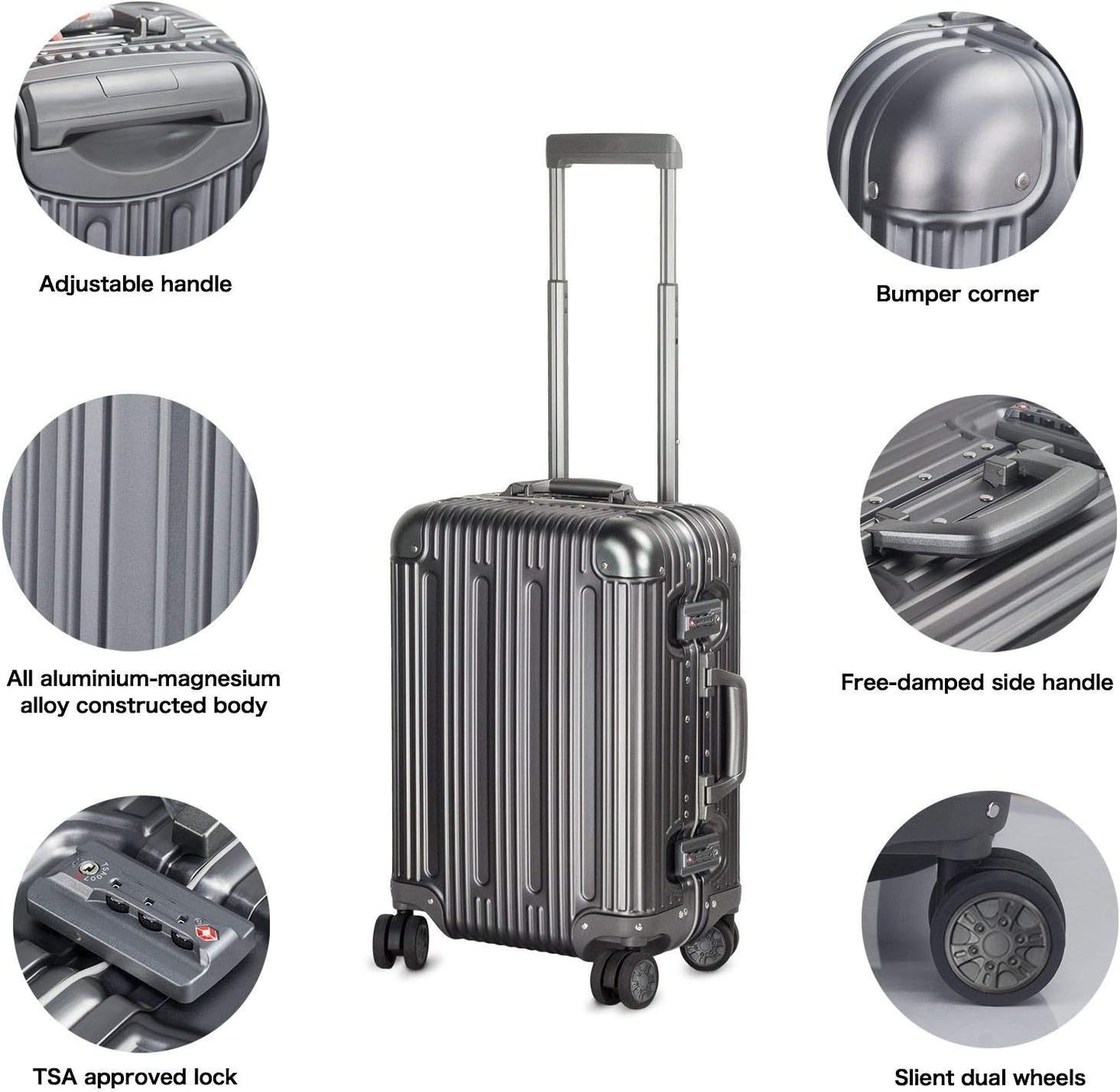 TRAVELKING All Aluminum Carry On Luggage with TSA Locks Fashion Cool Metal Hard Shell Spinner Suitcase (Grey, 20 Inch)