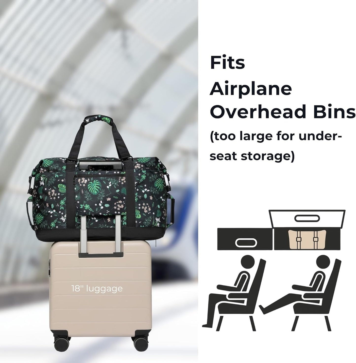 SUNNY BIRD Duffel with Utility Pouch, 40L Weekender Overnight Bag with Shoe Compartment for Travel and Sports (Floral & Foliage)
