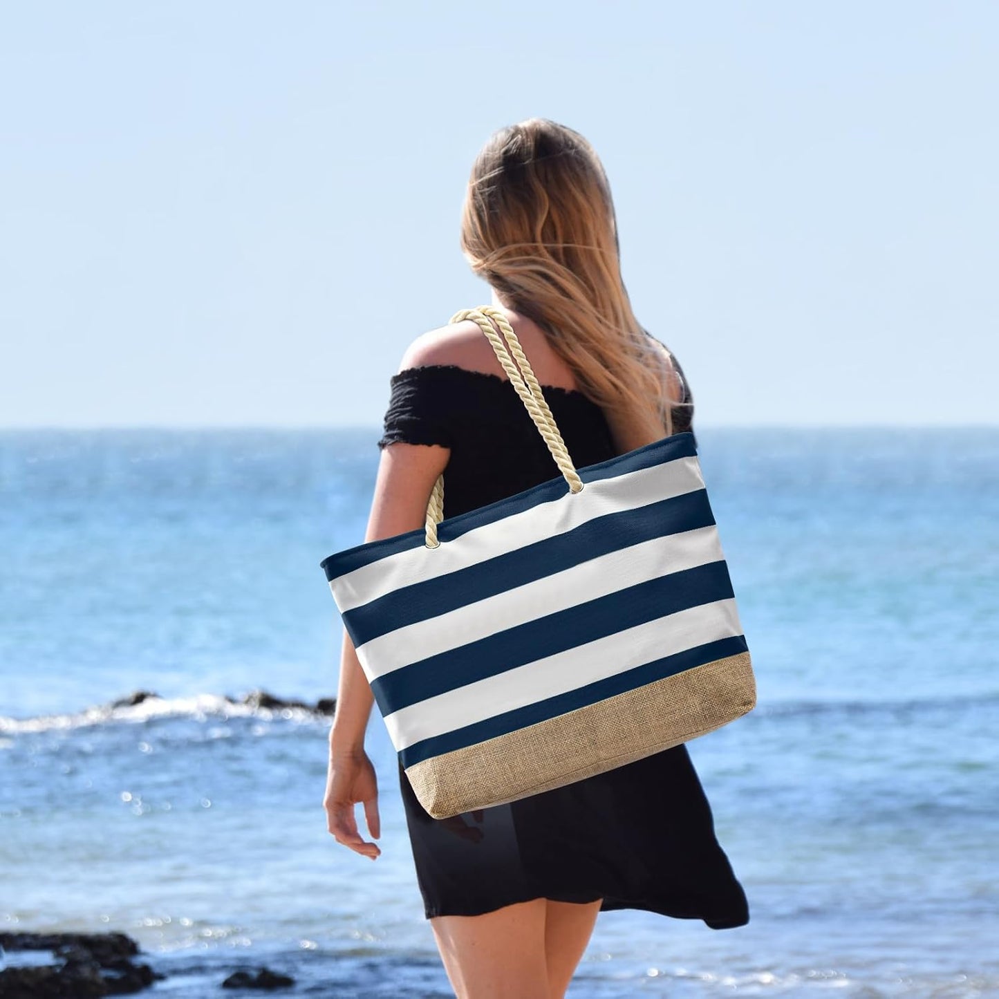 Becokan Beach Bag Initial Beach Tote with Makeup Bag for Travel Work Storage Personalized Birthday Gifts for Women Her