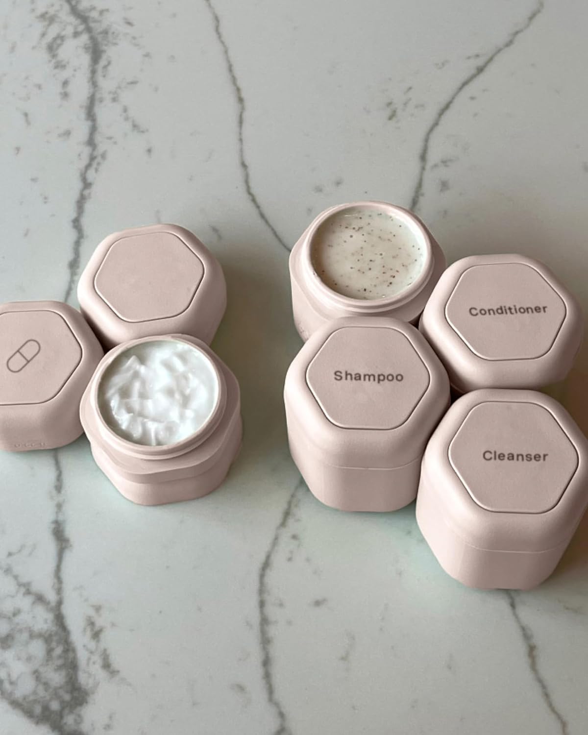 Cadence Travel Containers - Daily Routine Capsule Set - Magnetic Containers with Lids,4 Flex Mediums (1.32oz) & 3 Flex Smalls (0.56oz) - Shampoo, Conditioner, Body Wash, Pills, & More - Petal