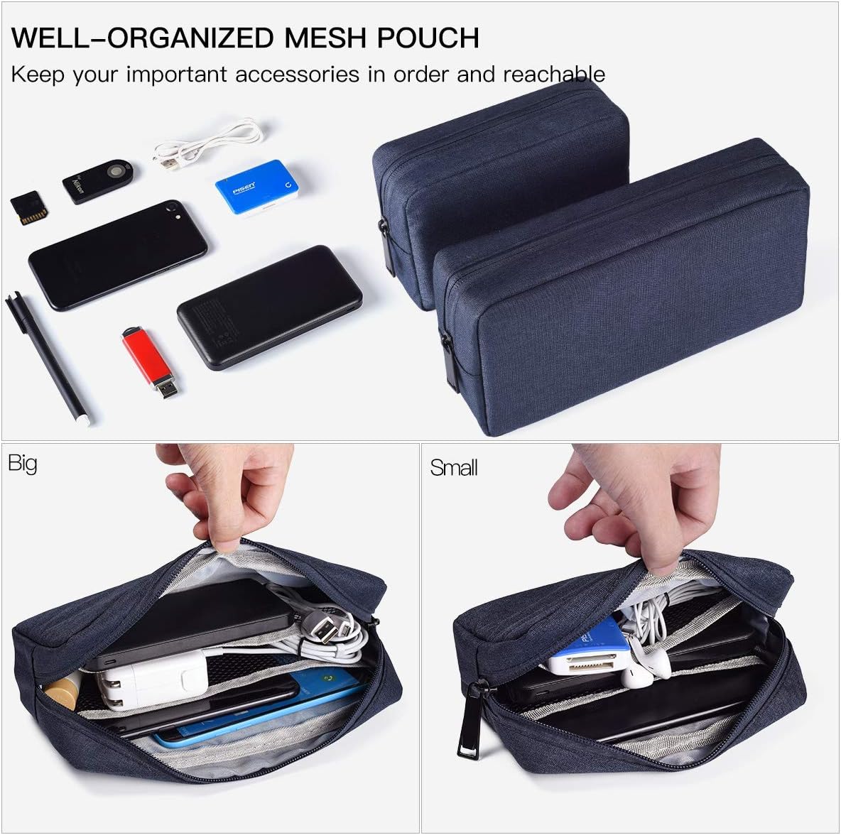 2-Pack Portable Storage Pouch Bag, Universal Electronics Accessories Case Cable Organizer Compatible with Hard Drive, Laptop Mouse, Power Bank, Adapter, Cellphone, Cosmetics (Small+Big-Navy Blue)