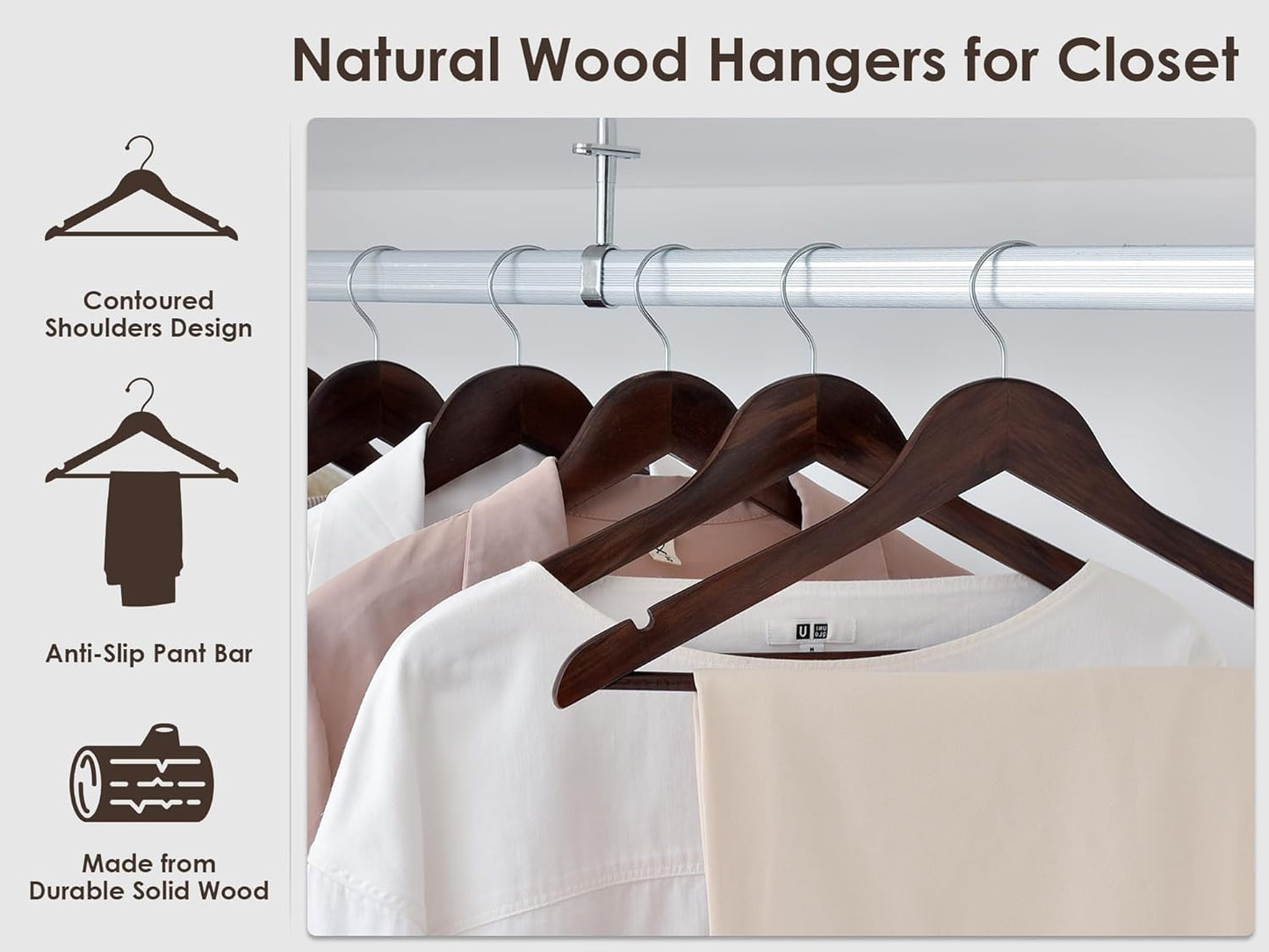StorageWorks Wooden Hangers 30 Pack, Wood Coat Hanger for Coats, Shirts, Jackets, Pants, Suits, Walnut Color