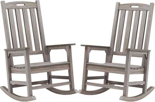 Psilvam Outdoor Rocking Chair Set of 2, Poly Lumber Oversized Rocking Chair with 21" Wide Seat and 32" Tall Backrest, Pre-Assembled with Most Components for Effortless Installation(Light Gray)