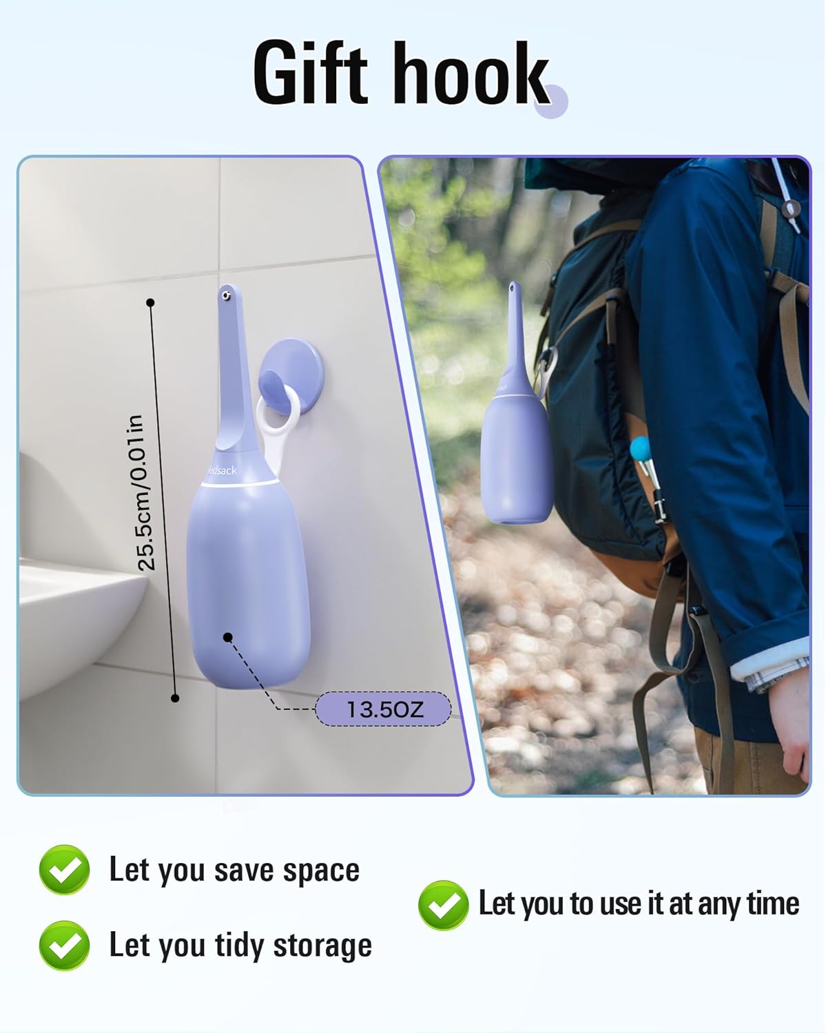 Portable Bidet for Travel & Home Use - Handheld High-Pressure Sprayer 400ml/13.5oz Large Capacity Bottle for Personal Hygiene, Collapsible Quick Fill BPA-Free for Freshness Includes Wall Hook(Purple)