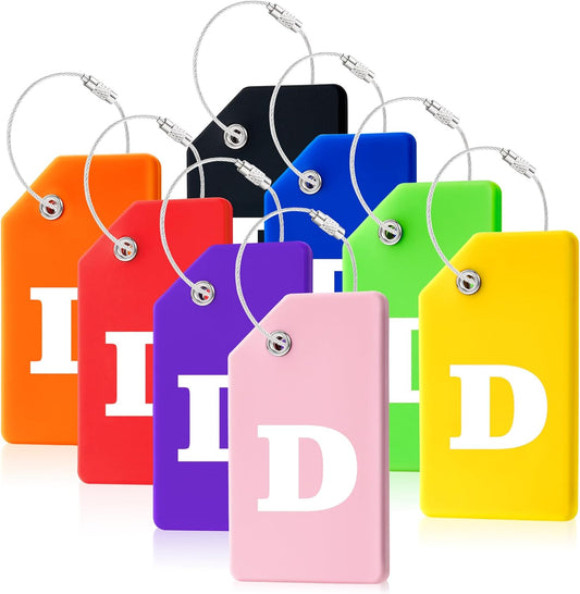 8 Pcs Luggage Tags for Suitcases, 26 Initial Letter Travel Luggage Baggage Identification Labels ID Tags Fully Bendable Tags with Stainless Steel Loop (Letter D, Colorful)