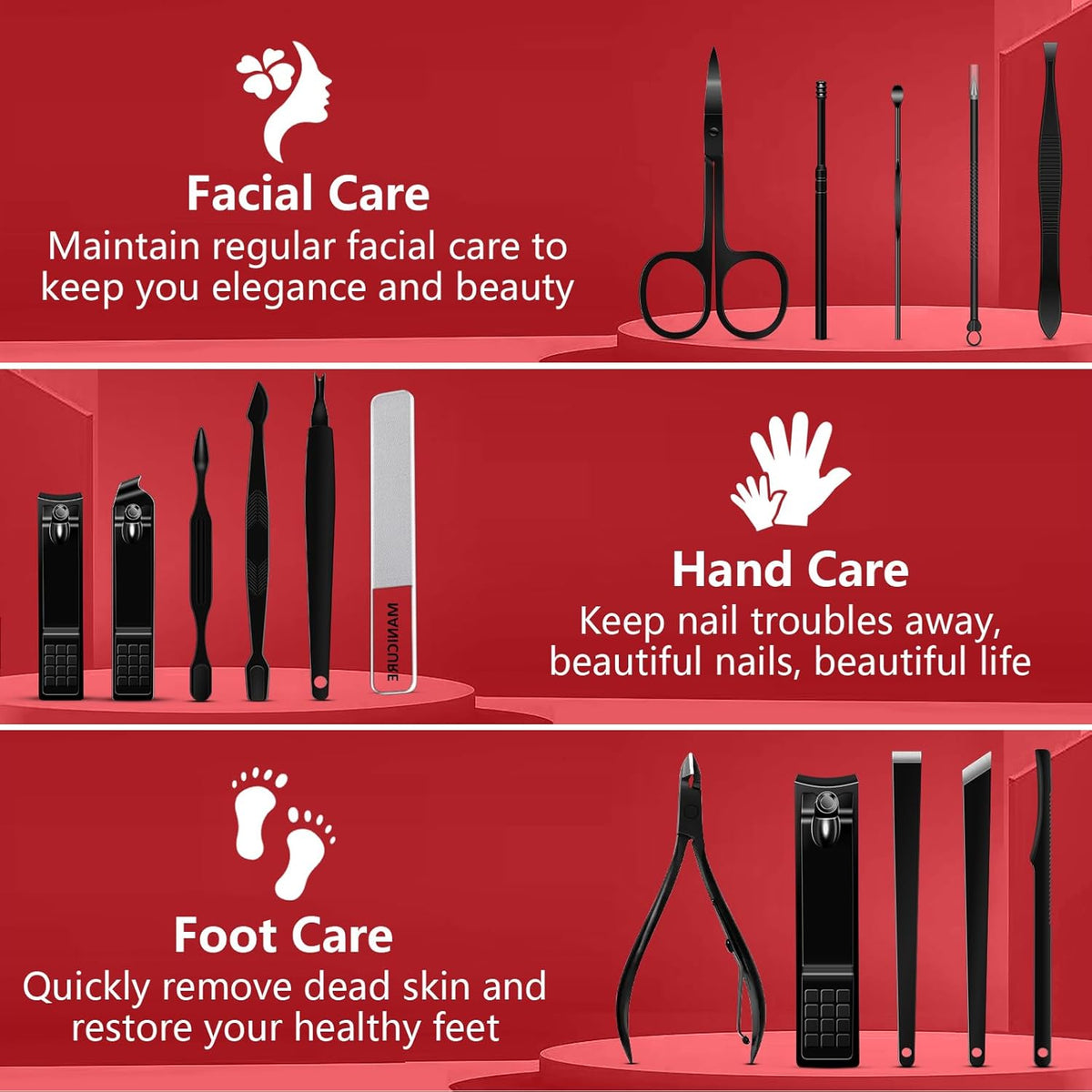 Manicure Set 16 In 1 Professional Stainless Steel Pedicure Kit Toenail Clippers Set Mens Grooming Kit Fingernail Kit for Women with Luxurious Travel Bag, Suitable for Home, Travel, and Salon (Black)