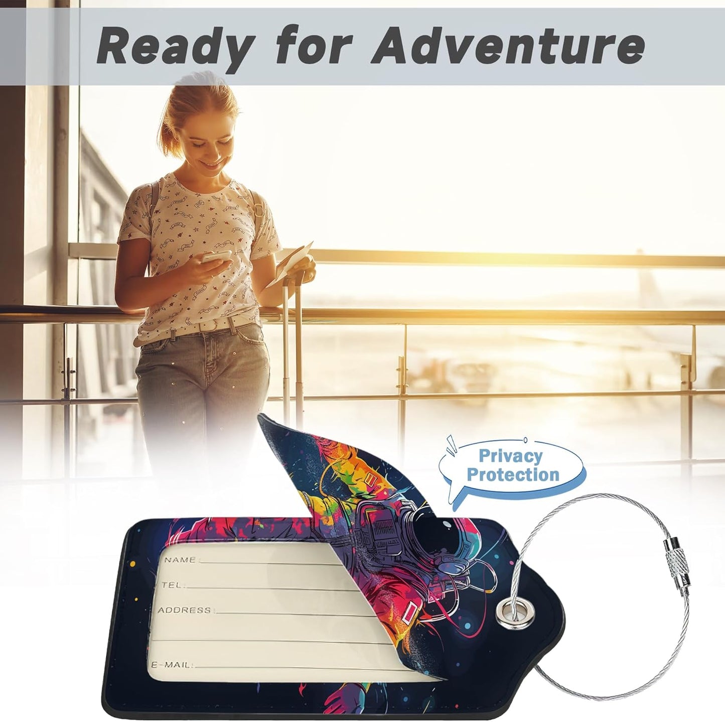 Set of 2 Luggage Tags for Suitcases, Leather Astronauts in Space Baggage Tags with Stainless Steel Loop, Privacy Name ID Card Cover Kawaii Travel Labels for Women Men Kids Girls