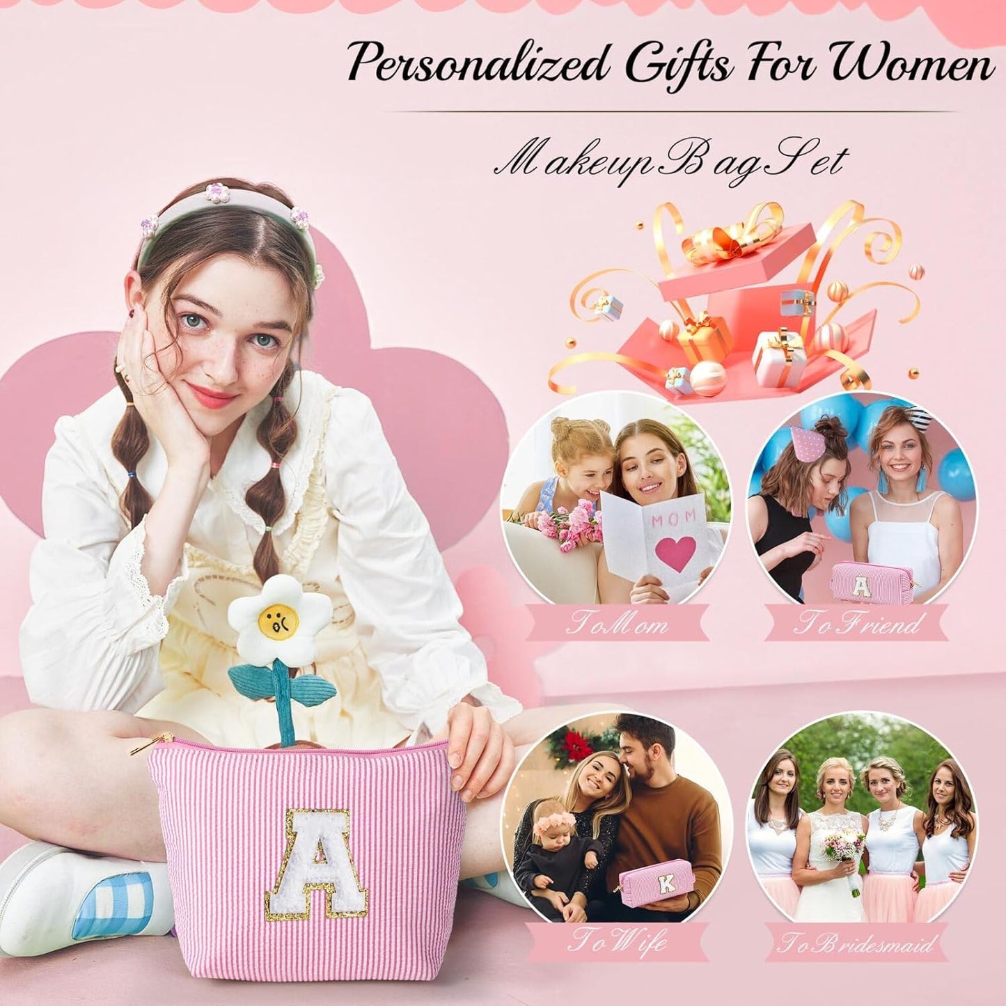 YOOLIFE Cute Pink Initial Make Up Bag Travelling, Personalized Makeup Bag with Zipper Cosmetic Makeup Pouch Travel Accessories Birthday Gift Friends Female Mom Teacher Sweet 16 Gifts Daughter Gifts W
