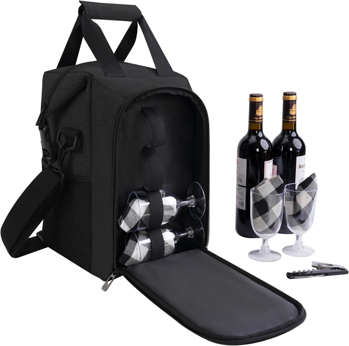 ALLCAMP 4 Bottle Wine Gift Bag - Insulated Tote Cooler, Adjustable Strap, Includes 4 Wine Glasses, Napkins & Corkscrew, Portable Travel Gifting (Black)