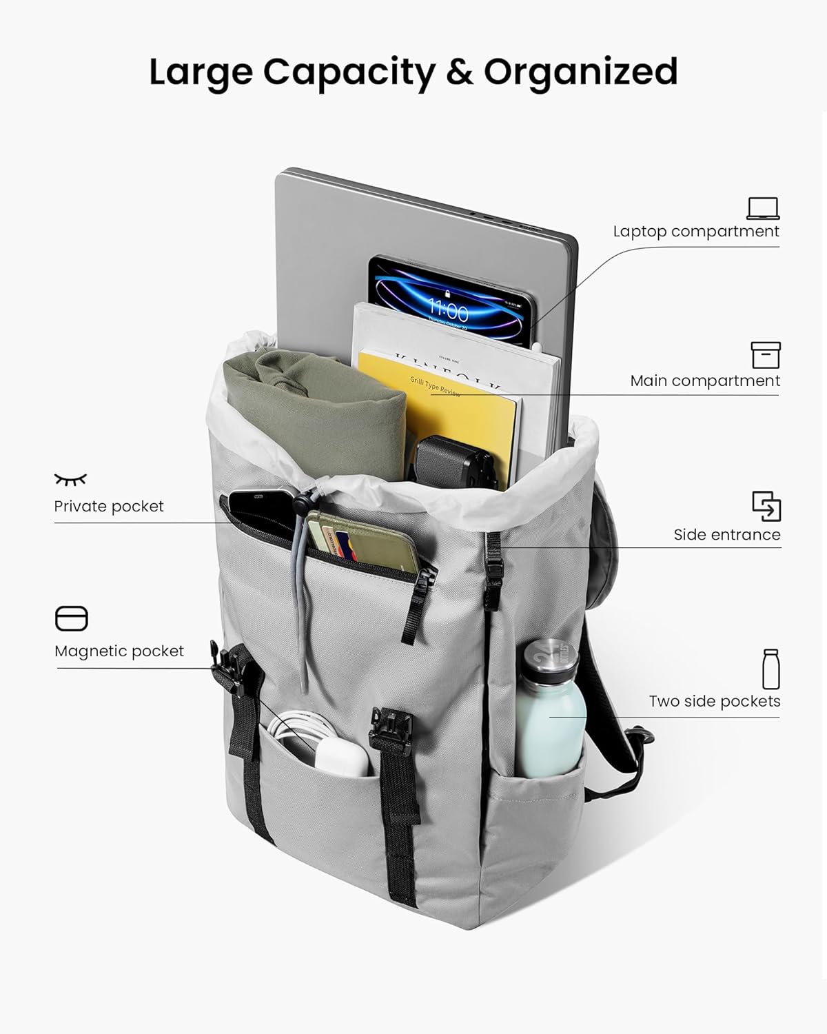 tomtoc Flap Laptop Backpack, Lightweight, Water-Resistant Casual Daypack, Durable Work-pack, Vintage Classic Rucksack for 13-15.6 Inch Laptop, perfect for Campus, Street, 22L Gray