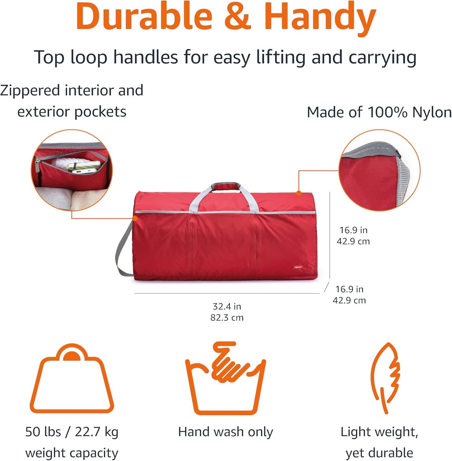 Amazon Basics 32" Extra Large Foldable Duffle Bag for Travel & Storage, with Exterior/Interior Zippered Pockets, Lightweight/Durable Nylon Material, 50-LBS Capacity, 9254 Cubic Inch (150L), Red