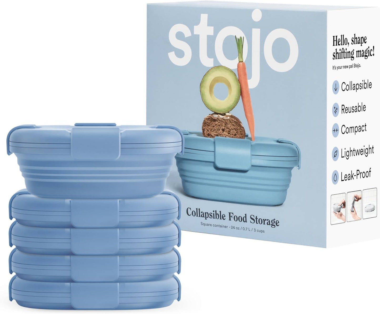 STOJO Collapsible Sandwich Box – 24oz, Reusable Food Storage Container, Silicone Bowl for Hot/Cold Food – Meal Prep, Lunch, Camping, Hiking – Dishwasher Safe (Set of 5, Steel)