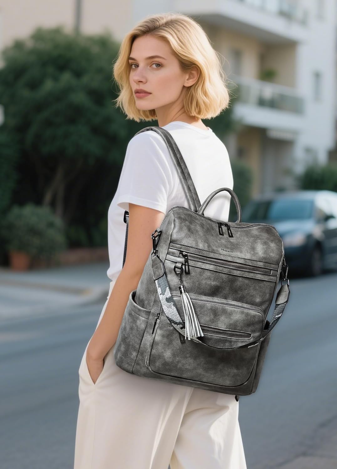 Shrrie 15.6 inch Laptop Backpack for Women,Large Leather Purse,Travel Backpacks Carry on,Water Resistant Casual Laptop Backpacks,College Backpack,Work Backpack for Women,Two-toned Deep Gray
