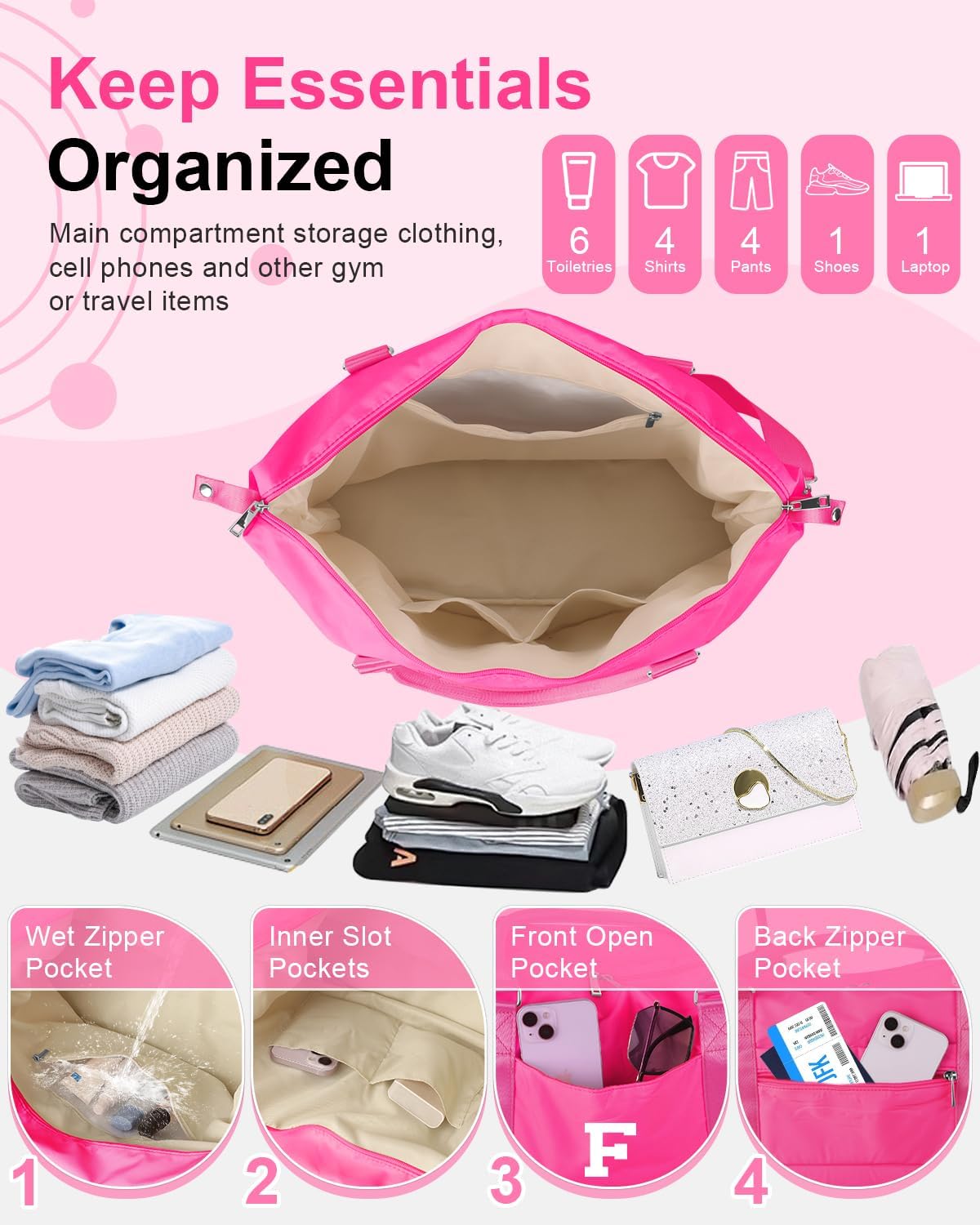 Overnight Bag for Kids Teen Girls Weekender Dance Bag Birthday Graduation Gifts,Initial Travel Duffel Bag Sports Gym Bag Personalized Weekender Bag Carry On Bags Preppy Gifts for Women(Hot Pink, F)
