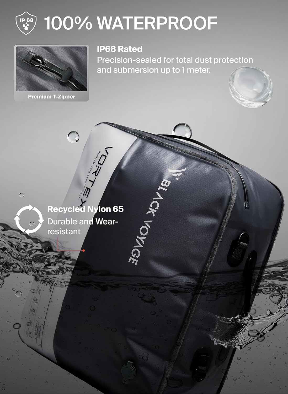 Black Voyage Reusable Vacuum Compression Travel Bag for Carry-On Suitcase and Backpack, Recycled IP67 Waterproof Space Saver Vacpack (2-Pack, 41L - No Pump)