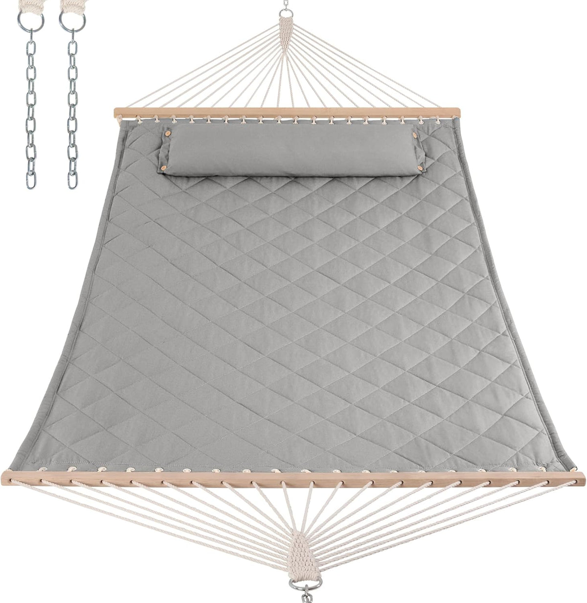 ANOW Heavy Duty Hammock with Spreader Bars and Detachable Pillow, 2 Person Hammock for Outdoors Indoors, 450 LBS Weight Capacity, Light Gray