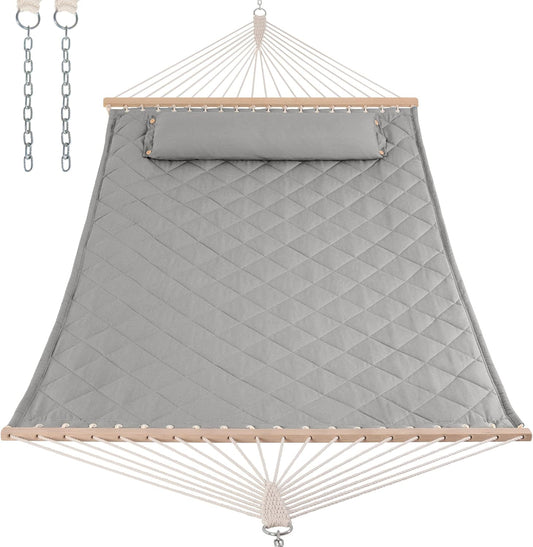ANOW Heavy Duty Hammock with Spreader Bars and Detachable Pillow, 2 Person Hammock for Outdoors Indoors, 450 LBS Weight Capacity, Light Gray
