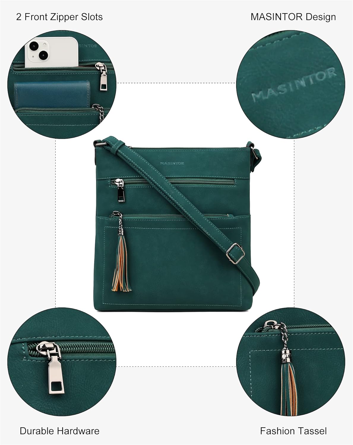 MASINTOR Crossbody Purses for Women, Multi Pocket Casual Crossbody Bag, Adjustable Strap Shoulder Bag with Tassel