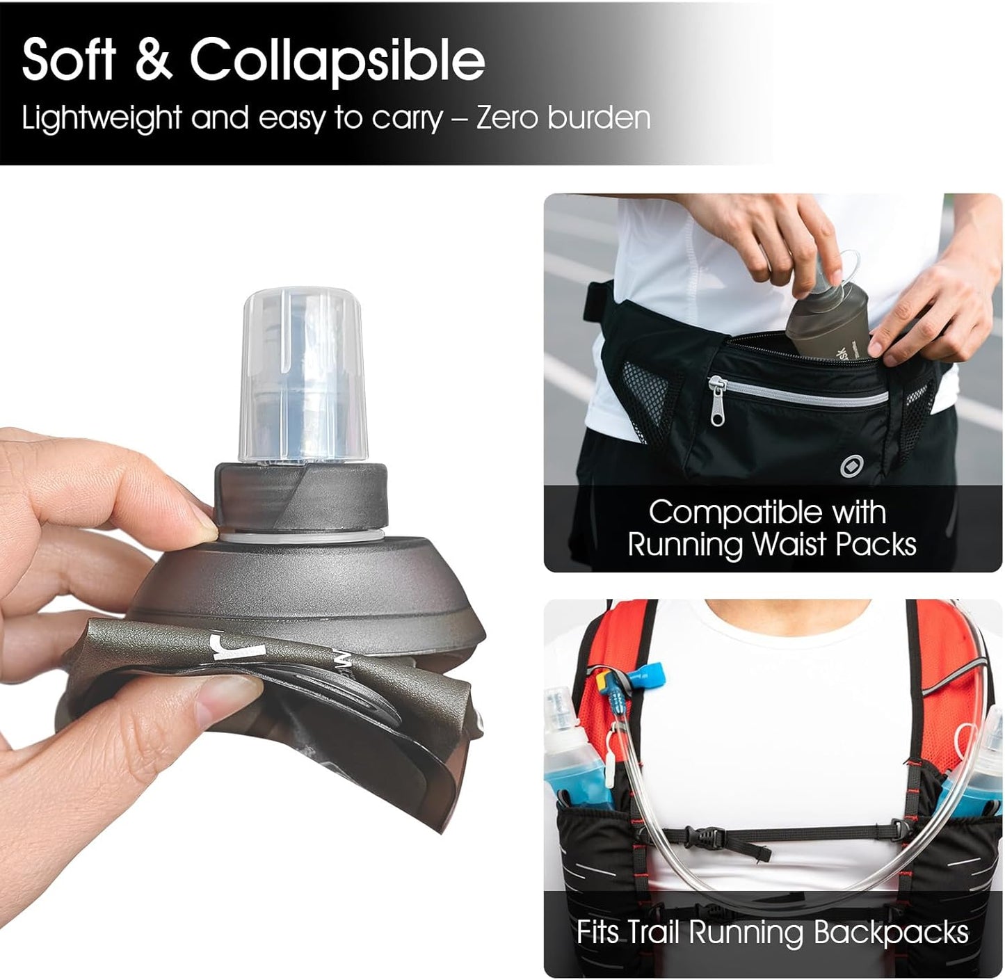 GYGYL Soft Flask, TPU Collapsible Soft Water Bottle for Hydration Pack, Running Vest, Leak-Proof Folding Water Bottle for Hiking Cycling Climbing Jogging-150ml Grey, 2pcs