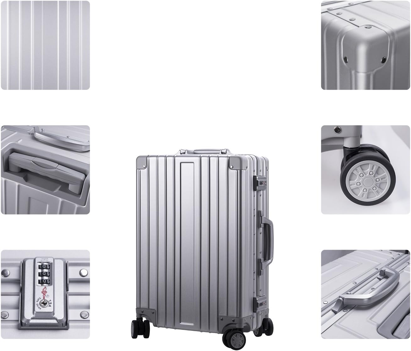 TRAVELKING All Aluminum Carry On Luggage Zipperless Hard Shell Luggage Case with TSA Lock Spinner Alloy Metal Suitcase (Silver, 20")
